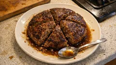 丸めないからラク：フライパンで焼く「巨大ハンバーグ」を切り分けて食卓へ